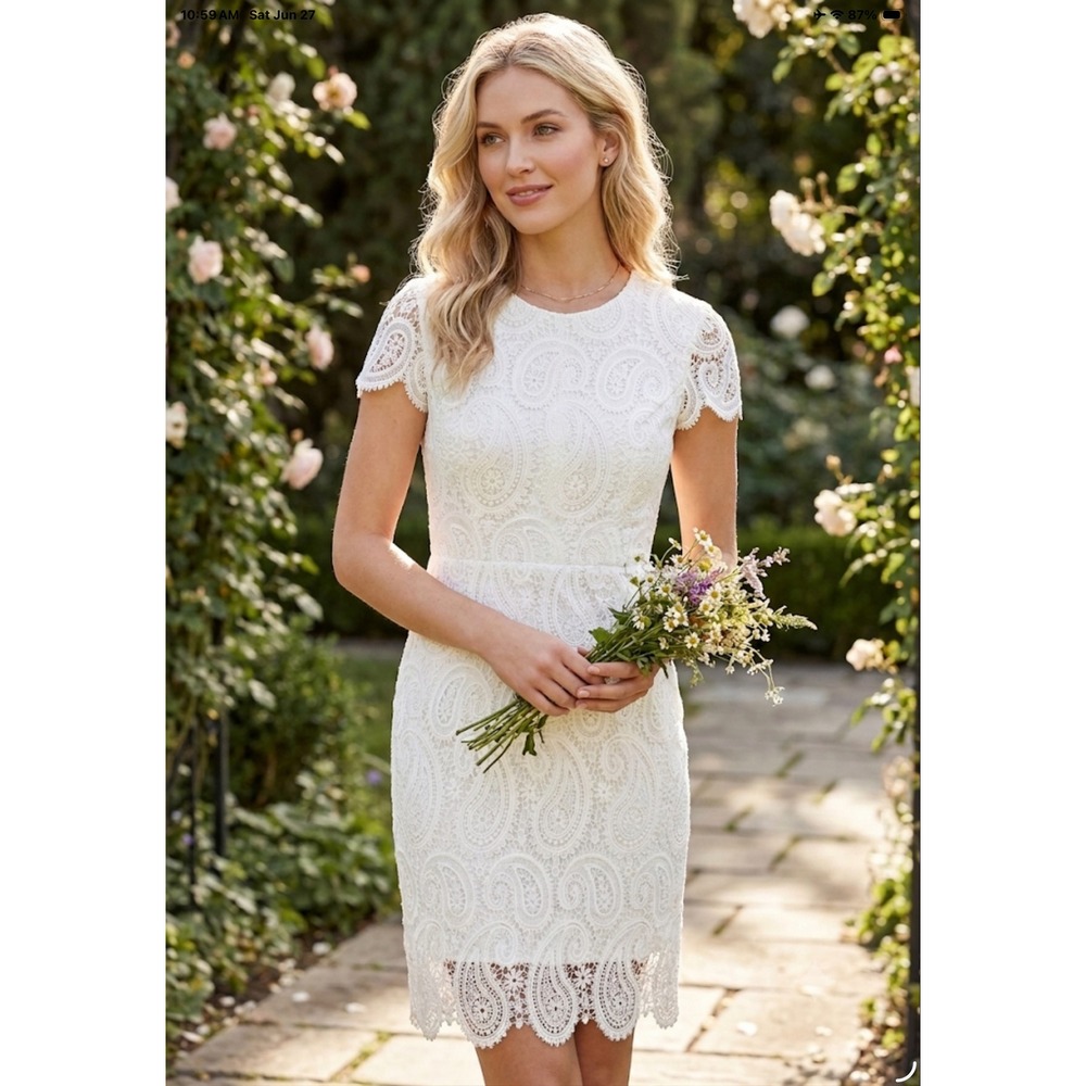 Tahari ASL Womens Paisley Eyelet Lace Sheath Dress White Short Sleeve‎ DBM568 6